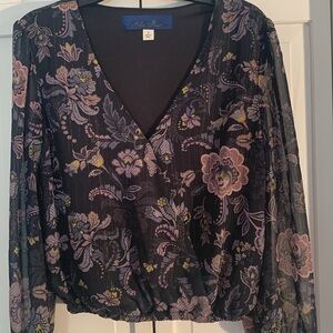 Blue Rain Bell Sleeve Wrap Crop Top EUC